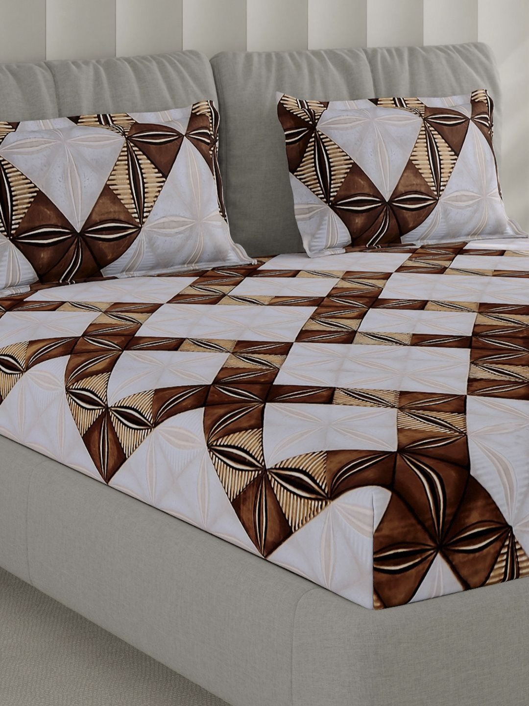 Monte Carlo Brown & Black Geometric Printed 130 TC Queen Bedsheet Set 2.24 m x 2.54 m