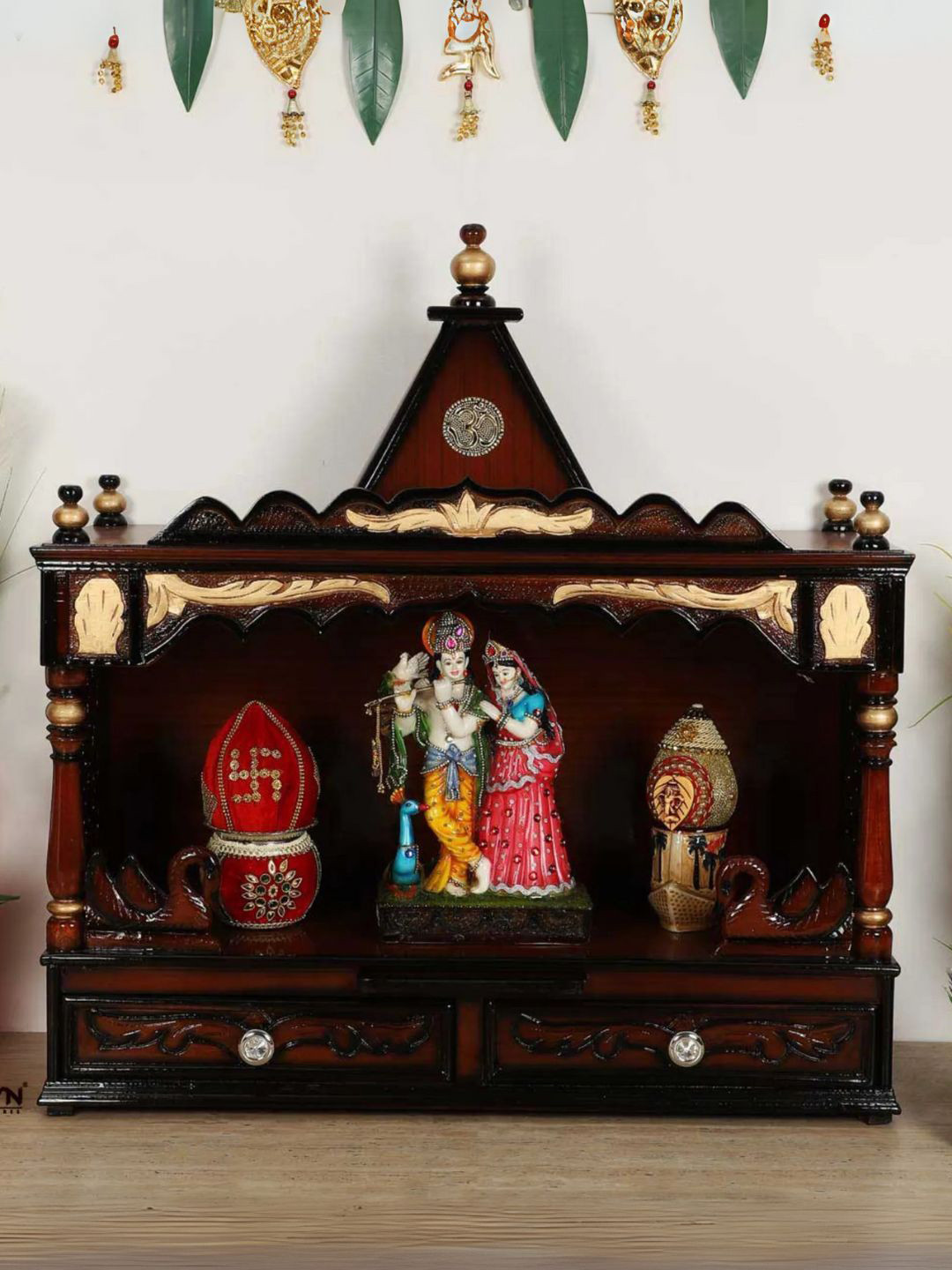 DZYN Furnitures  Brown Textured Wooden Large Wall Mount Pooja Mandir