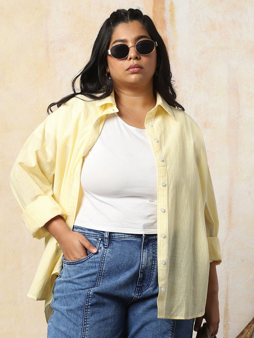 Freeform by High Star Women Over Sized Cotton Striped Casual Shirt