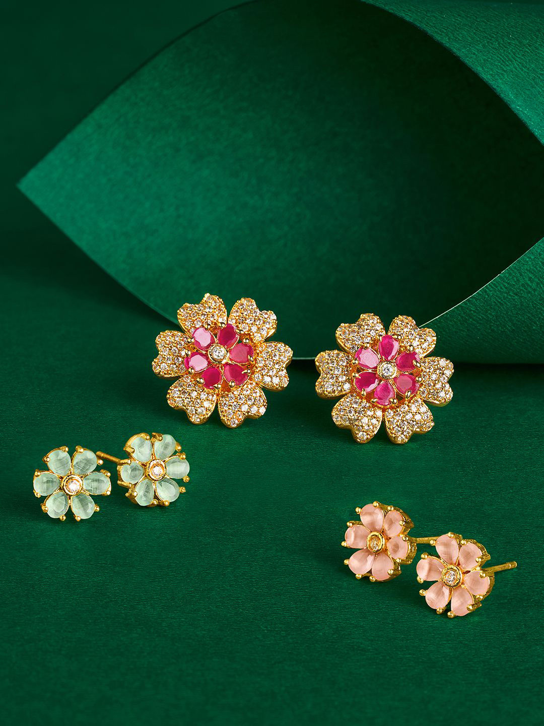 TEEJH Interchangeable Cubic Zirconia Studded Floral Shaped Drop Earrings