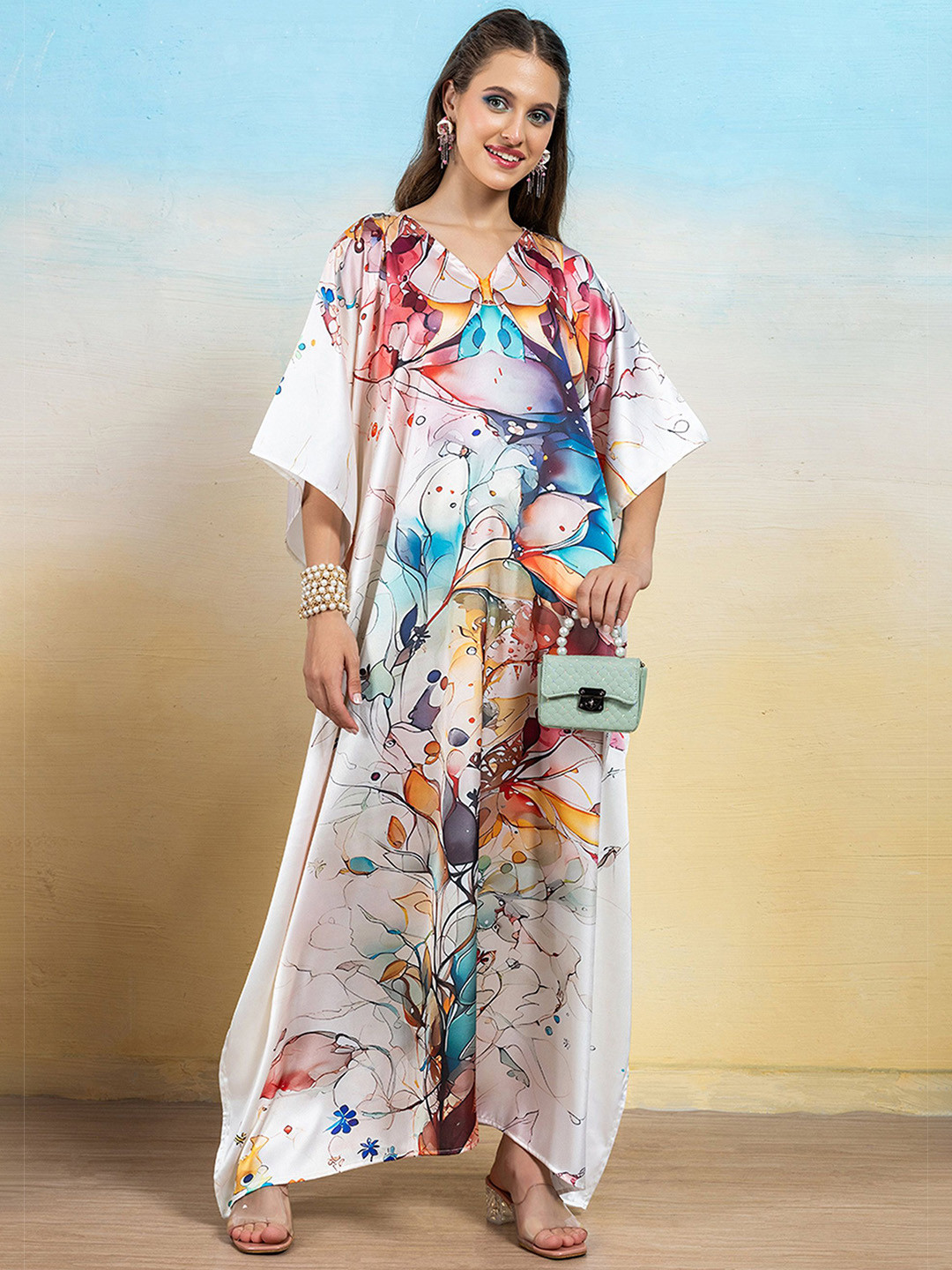 LABEL AARNA Enchanted Meadow Soft Satin Women Dress Kaftan