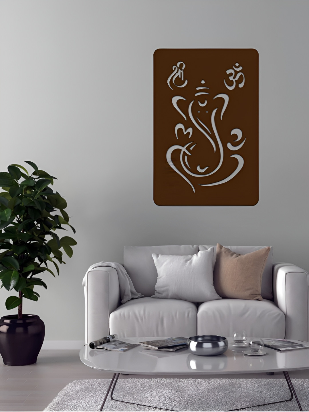 DEKORSTATION Brown Textured Wooden Laser Cut Lord Ganesha Shaped Wall Lamp