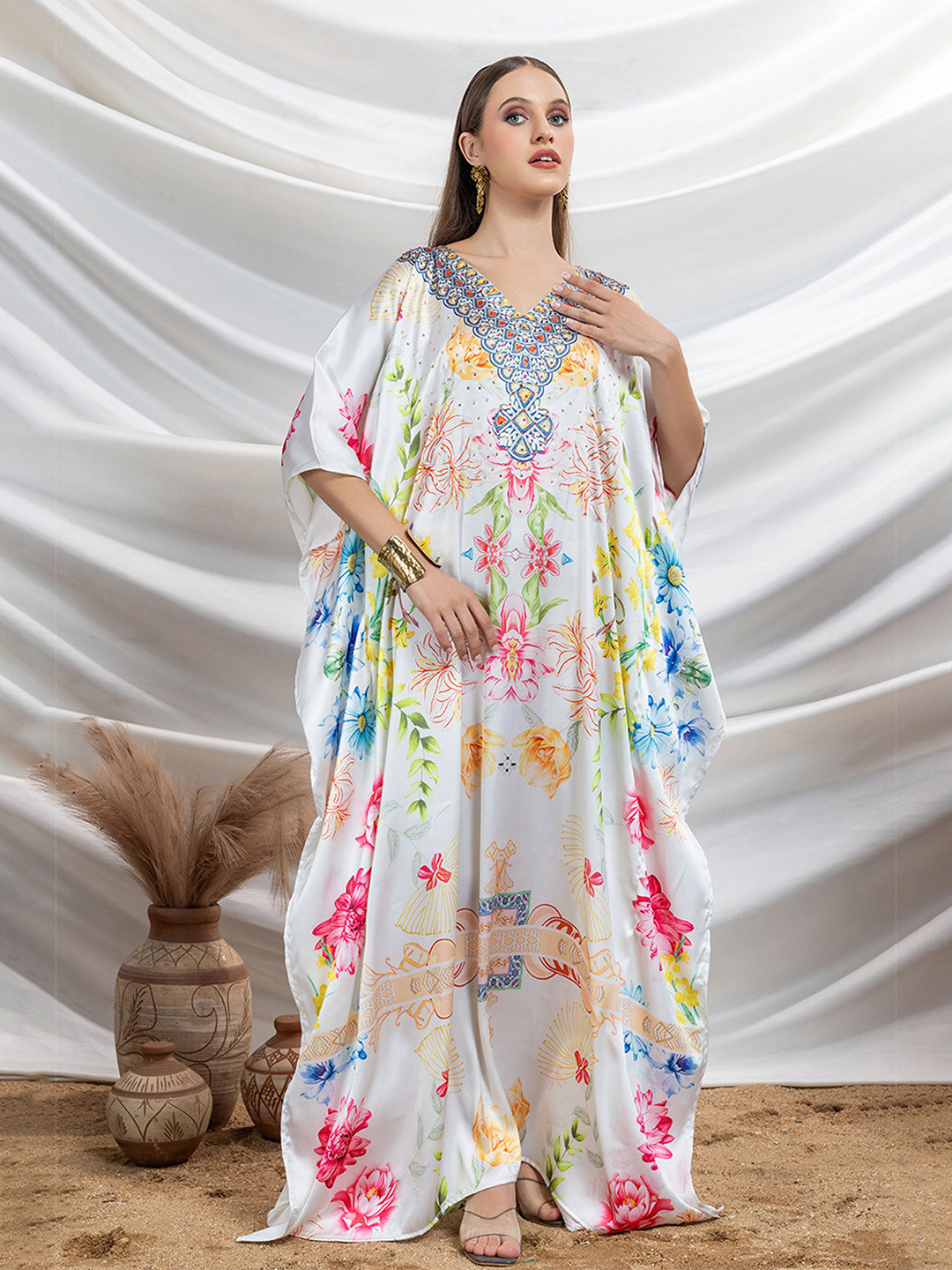 LABEL AARNA Soft Satin Women Kaftan Dresses
