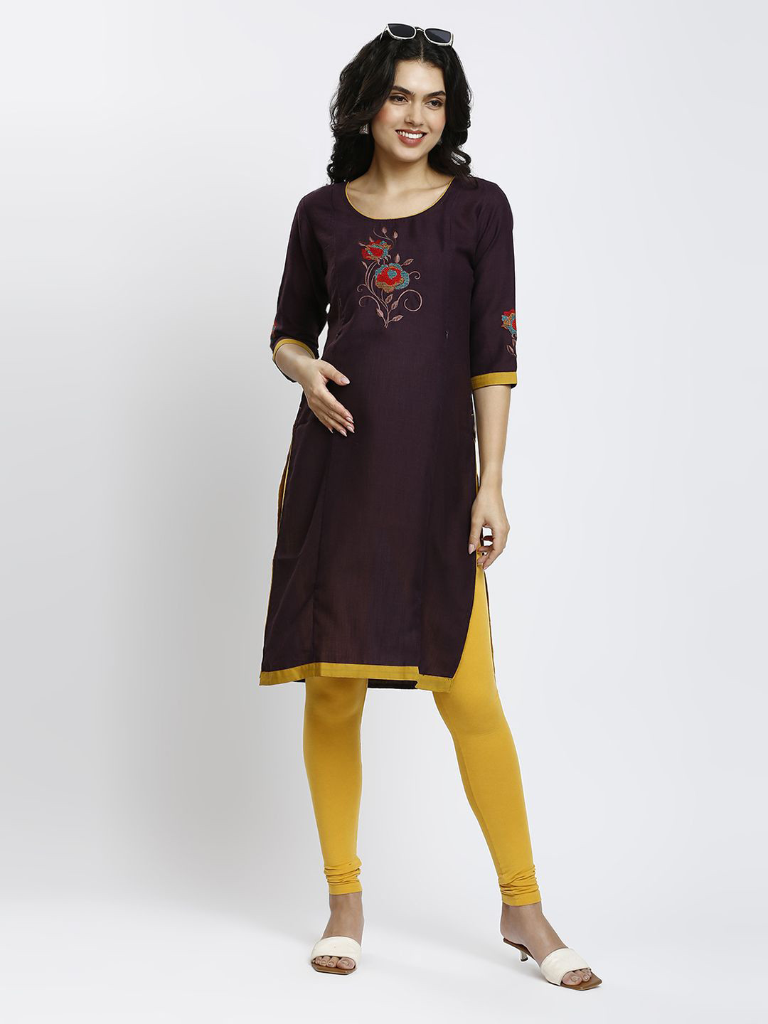 MORDEN MUSE Floral Yoke Design Round Neck Thread Work Maternity Kurta