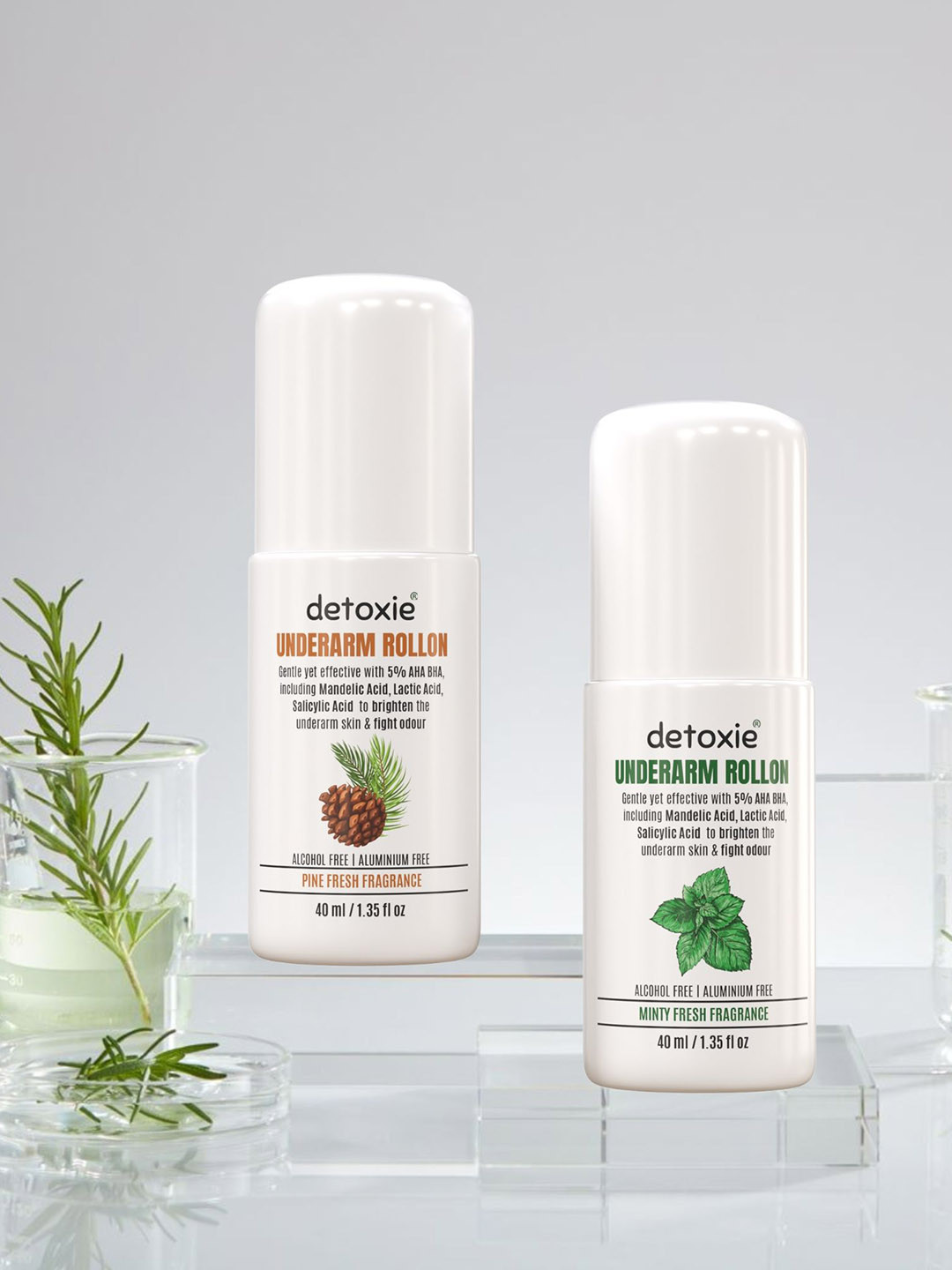 Detoxie Set Of 2 5% AHA BHA Underarm Lightening Roll On - 40 ml Each - Pine- Minty Fresh