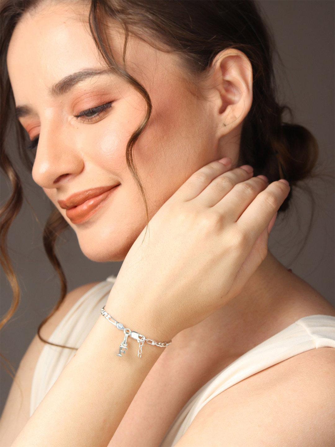 Metronaut Sterling Silver Link Bracelet With F Alphabet Pendant