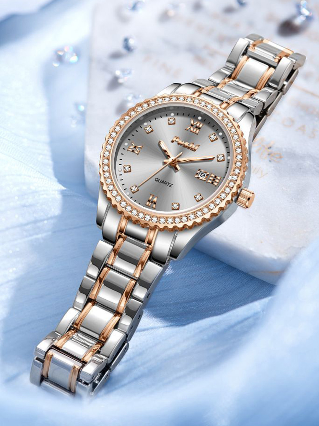 Poshi Women Round Dial Stainless Steel Strap Quartz Watch