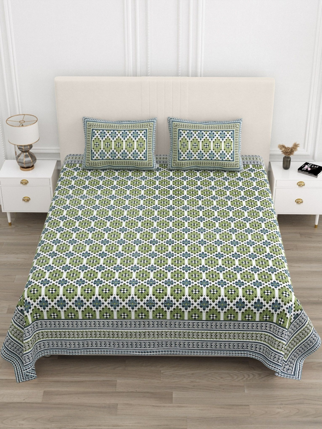 TrueYarns Export White Ethnic Motifs Pure Cotton 210 TC King Fine Bedsheet with 2 Pillow Covers-90 x 108 inches