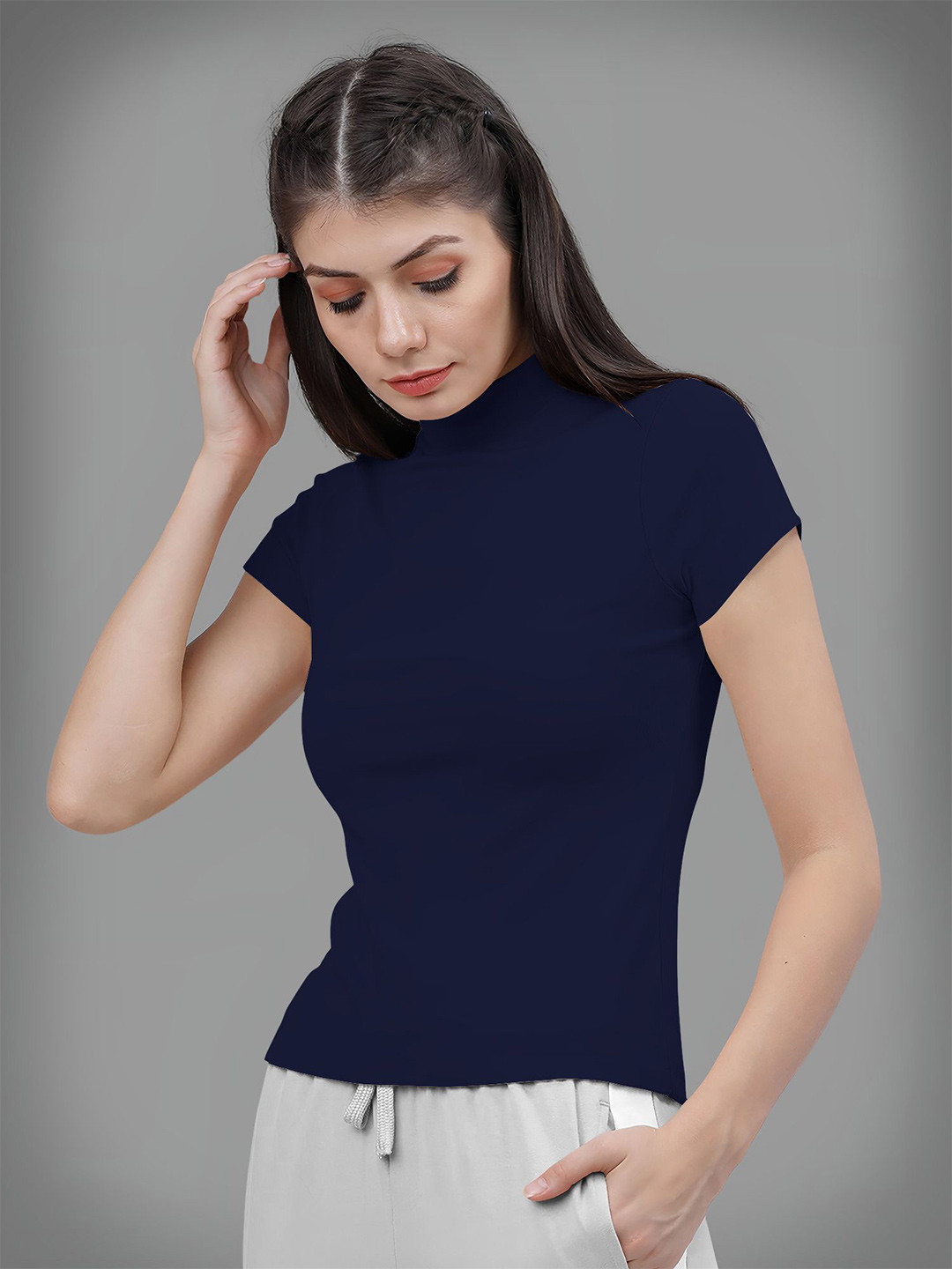 Dream Beauty Fashion top-71-tripta-navyblue Women High Neck Top