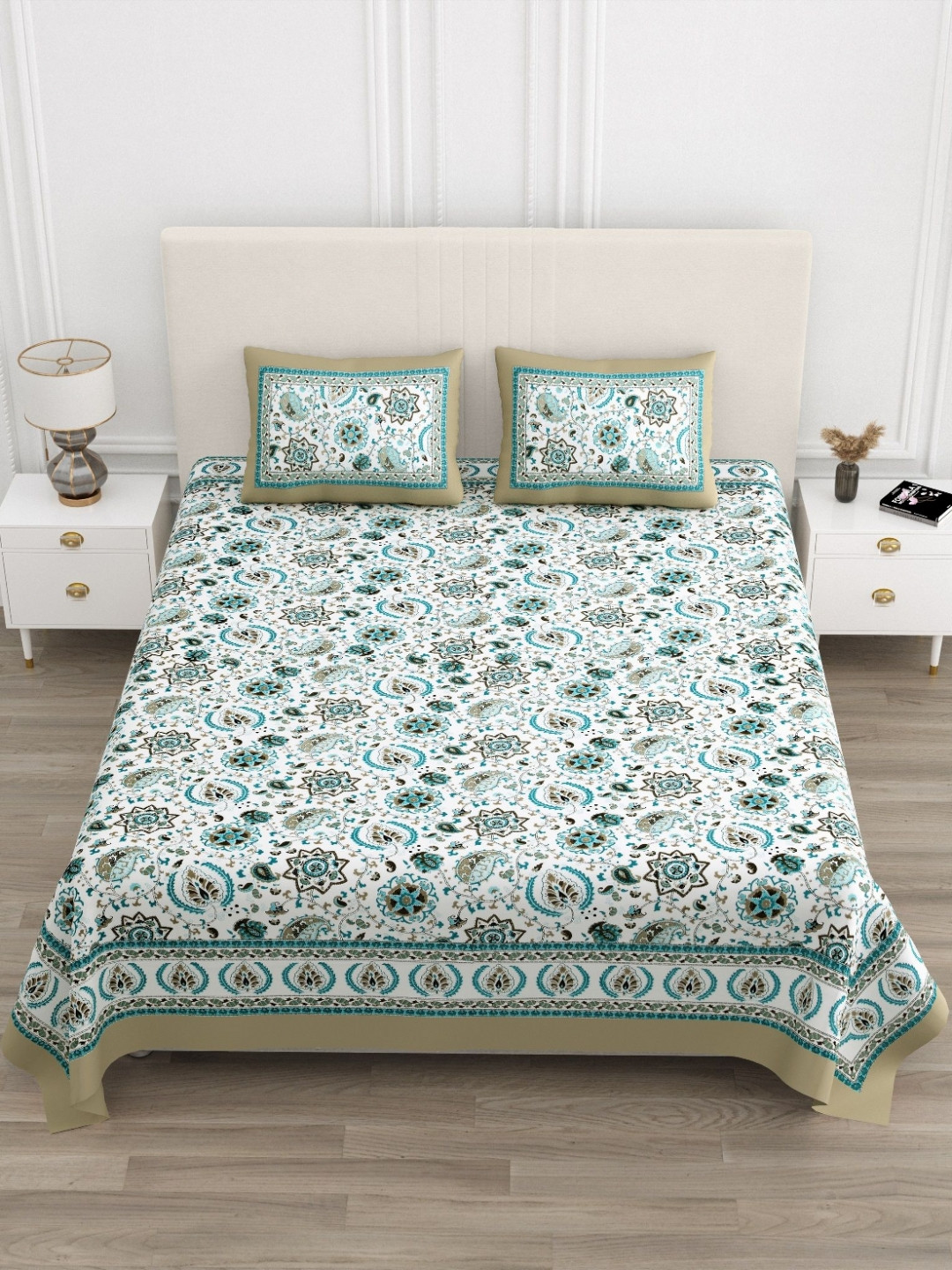 TrueYarns Export White Ethnic Motifs Pure Cotton 210 TC King Fine Bedsheet with 2 Pillow Covers-228.6 x 274.32 cm