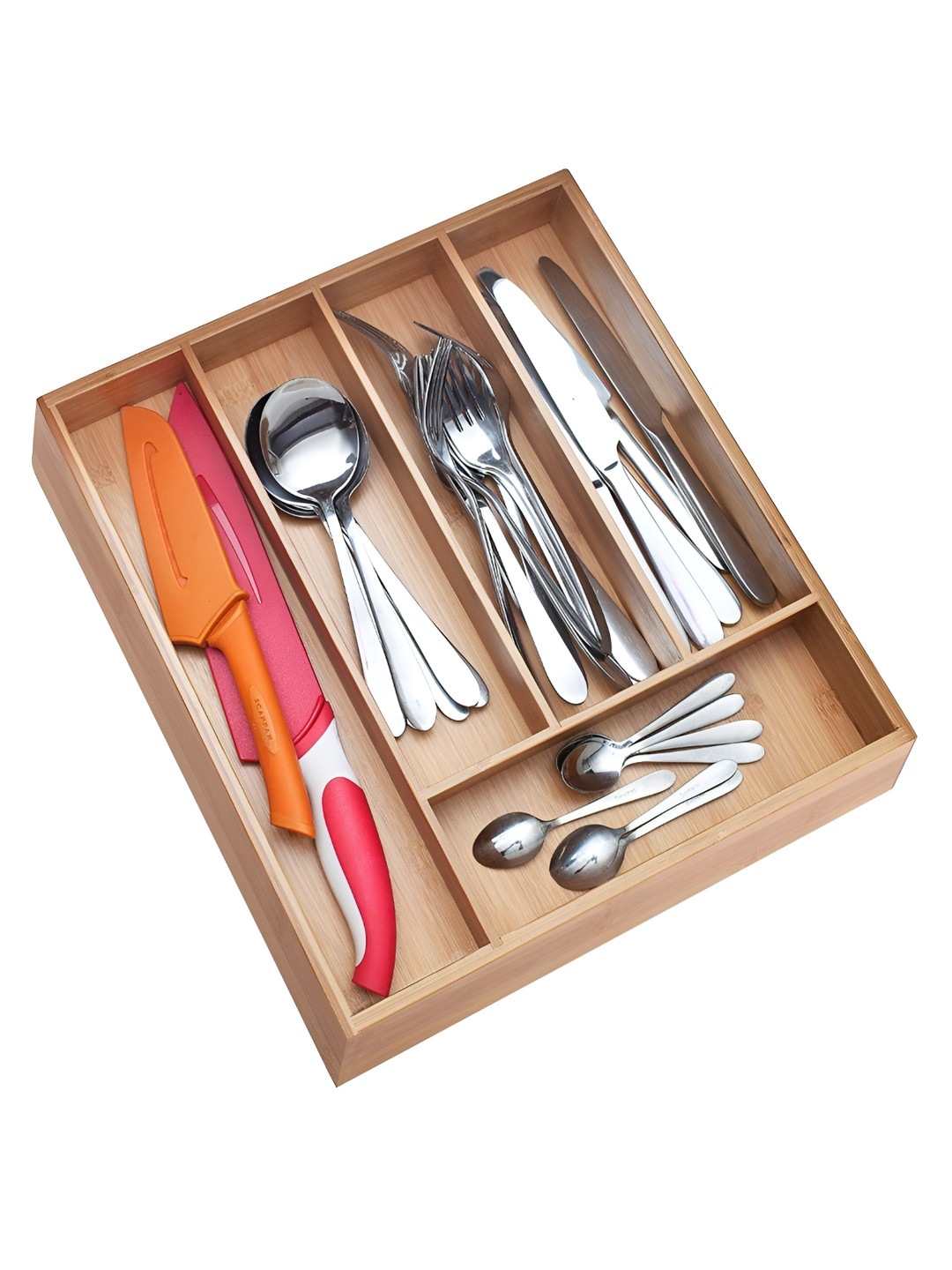 WHITEWHALE Brown Wooden Kitchen Storage Holder For Knives Forks Spoons Drawer Organisers