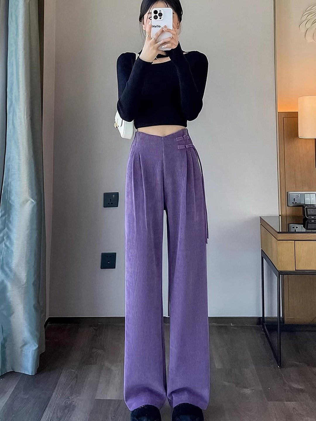 Outzidr Purple Knotted Waist Korean Pants