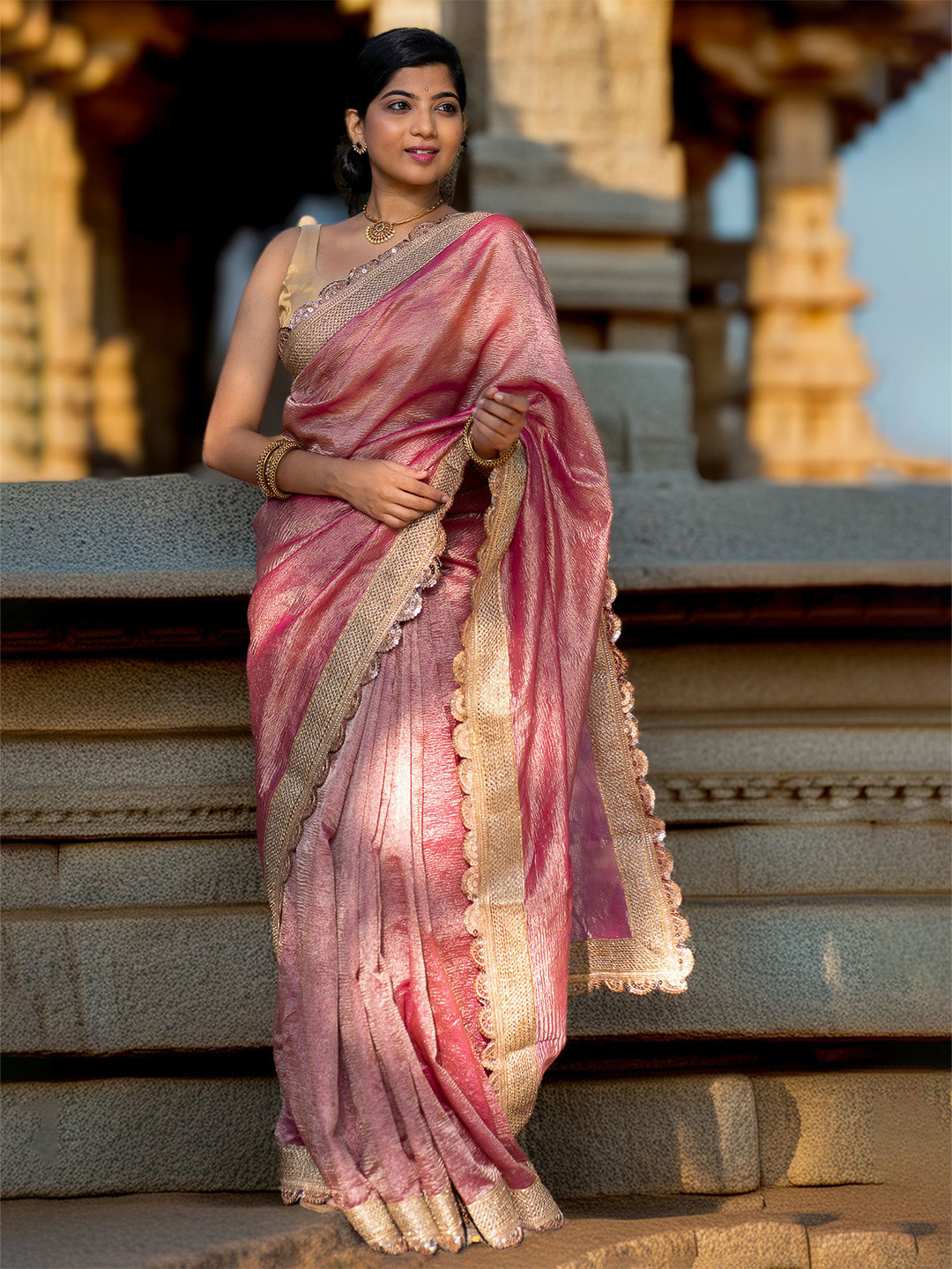 I LOVE SAREES Pink Crushed Tissue Banarasi Saree with Lace Border