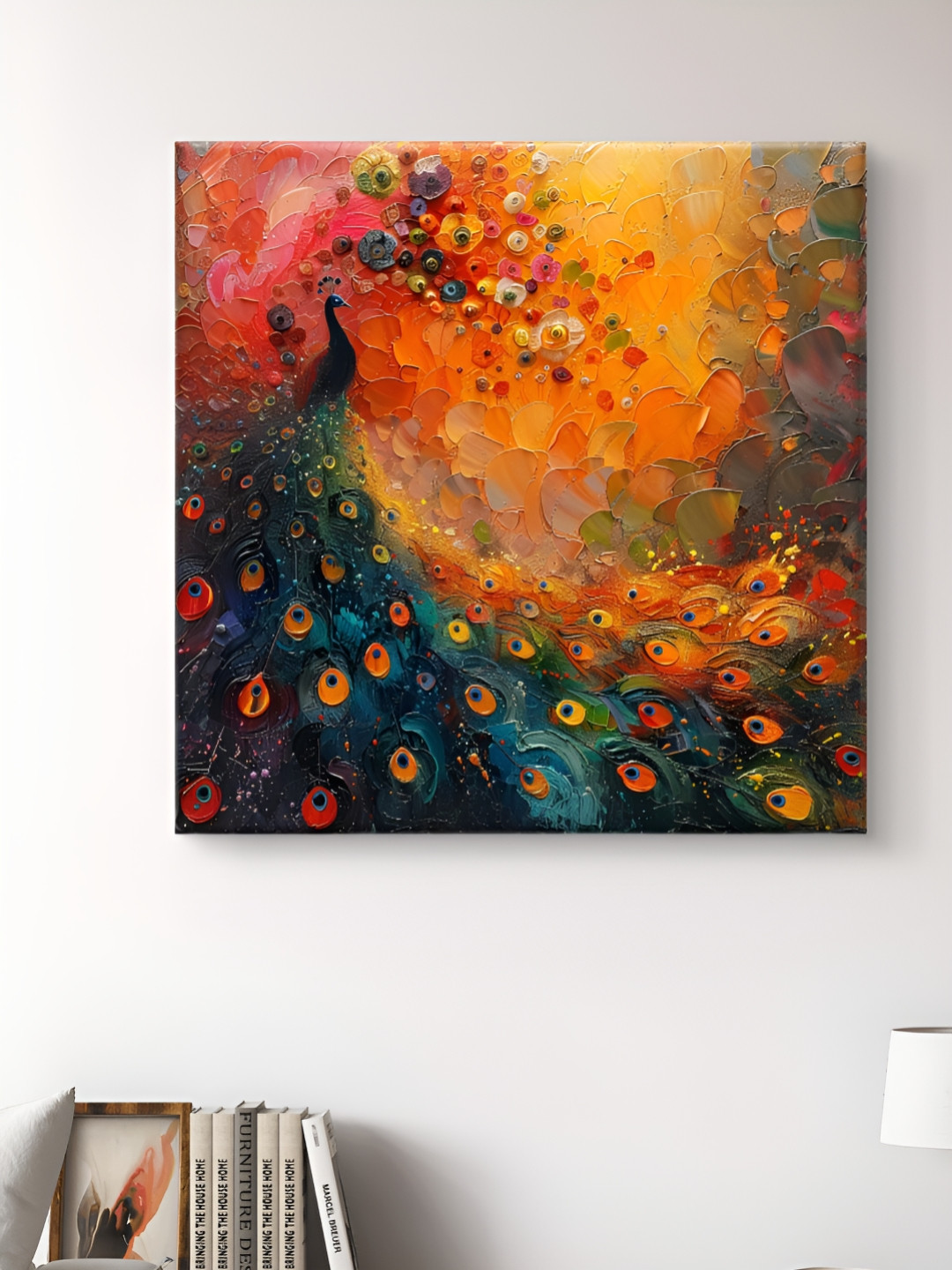 Myntra Elegant Homes Orange Colored & Blue Peacock Printed Canvas Wall Art