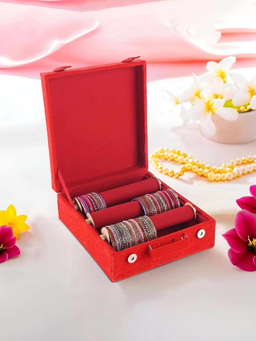 Aura Floral Print Red 3-Rod Removable Bangle Box Organisers Storage Box with Magnetic Lock