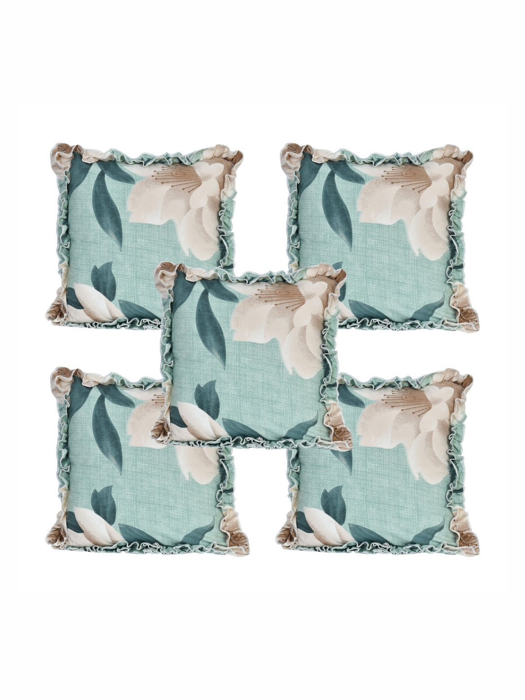Luxmi Cotton Fabrics Blue & Off White 5 Pieces Floral Square Cushion Covers