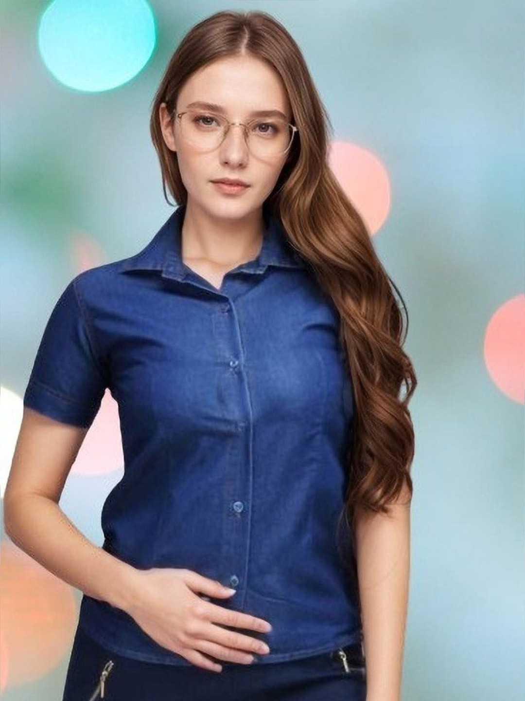 GIRLS WITH WINGS Women Spread Collar Solid Blue Denim Shirt