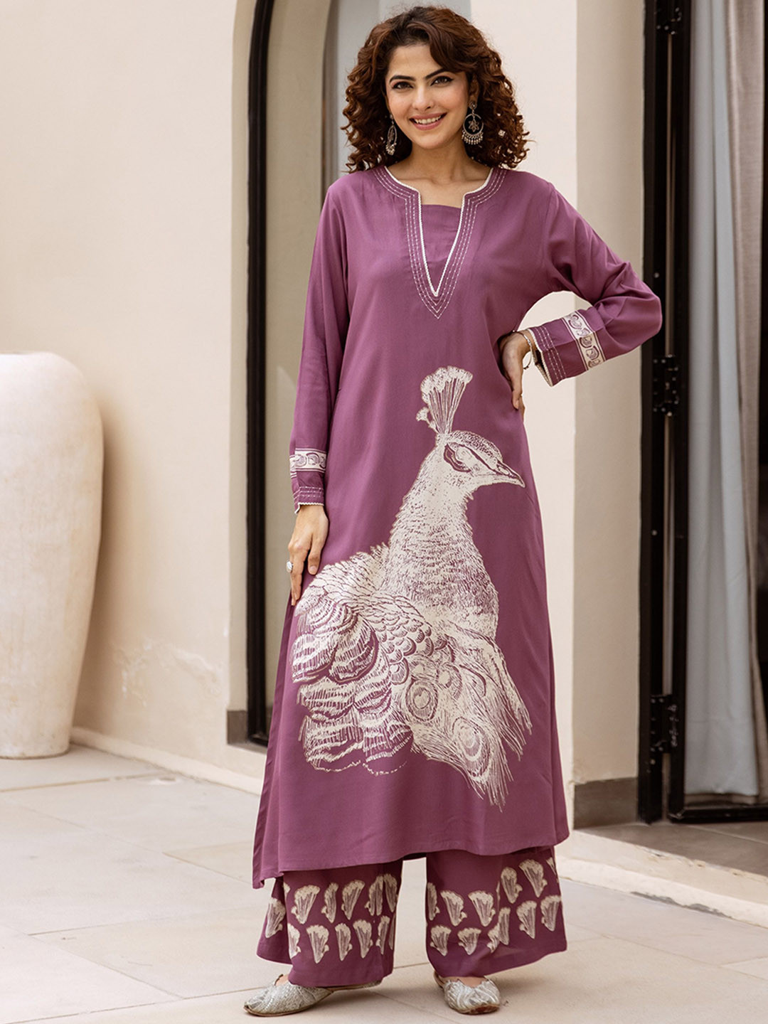 KALINI Animal Printed Notch Neck Aari Work Straight Kurta With Palazzos