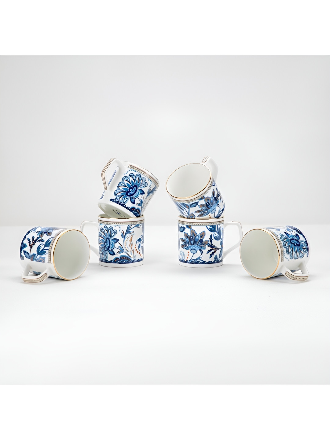 GOLDEN QUEEN'S Blue Floral Bone China Microwave Safe 6 Piece Cups-300ml