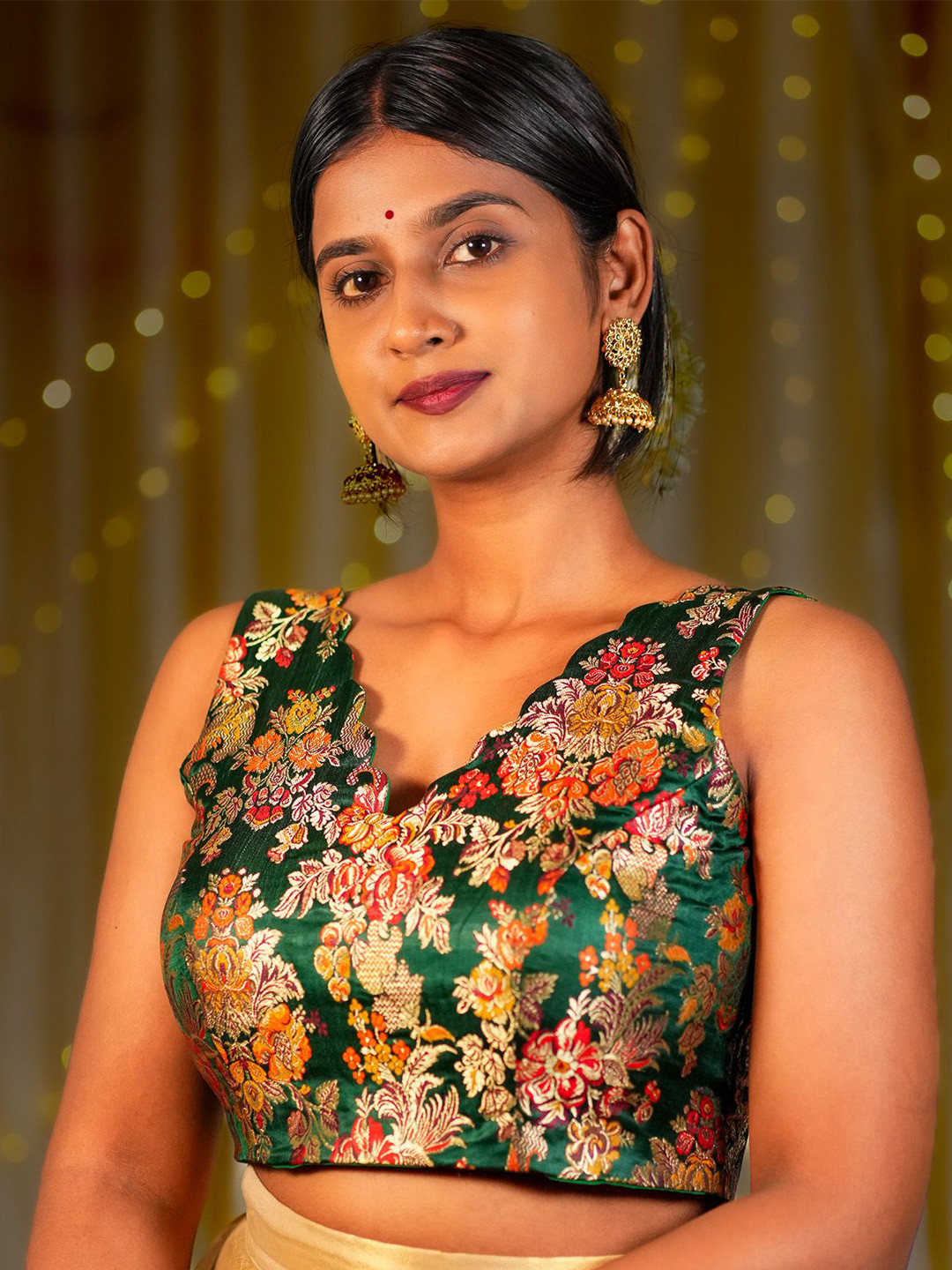 I LOVE SAREES Sarees Green Multicolor Scallop V-neck Banarasi Blouse