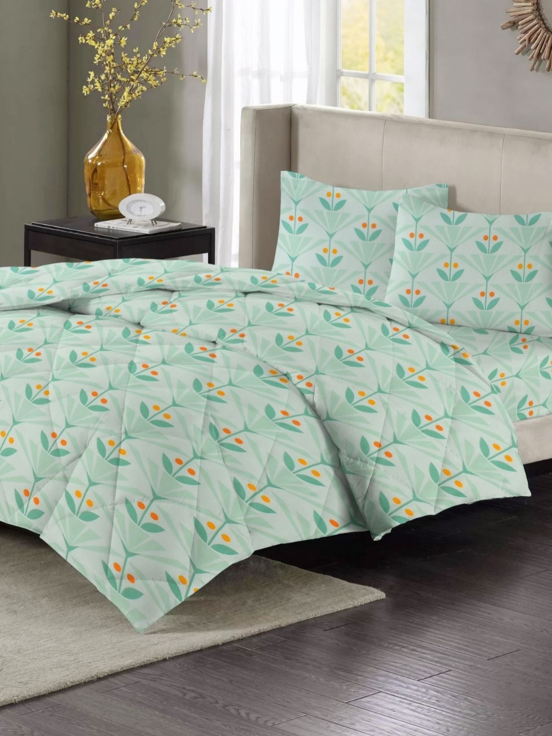 VAS COLLECTIONS Green & Orange Floral Polycotton 4 Piece Double Extra Large Superfine Bedding Set