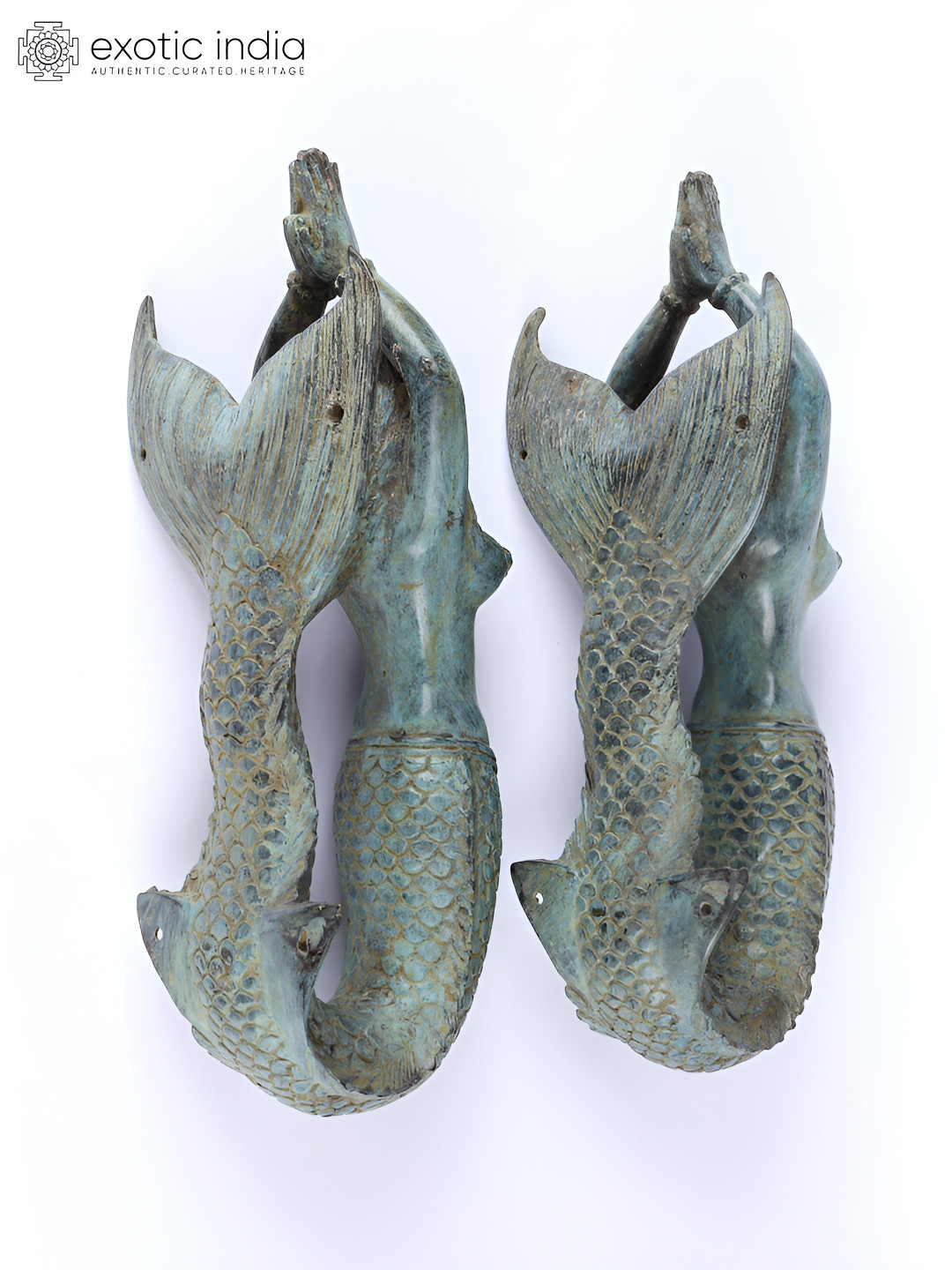 Exotic India Pair Of Mermaid Sea Green Brass Metallic Living Room Set of 2 Tiny Showpieces - 4 Inches