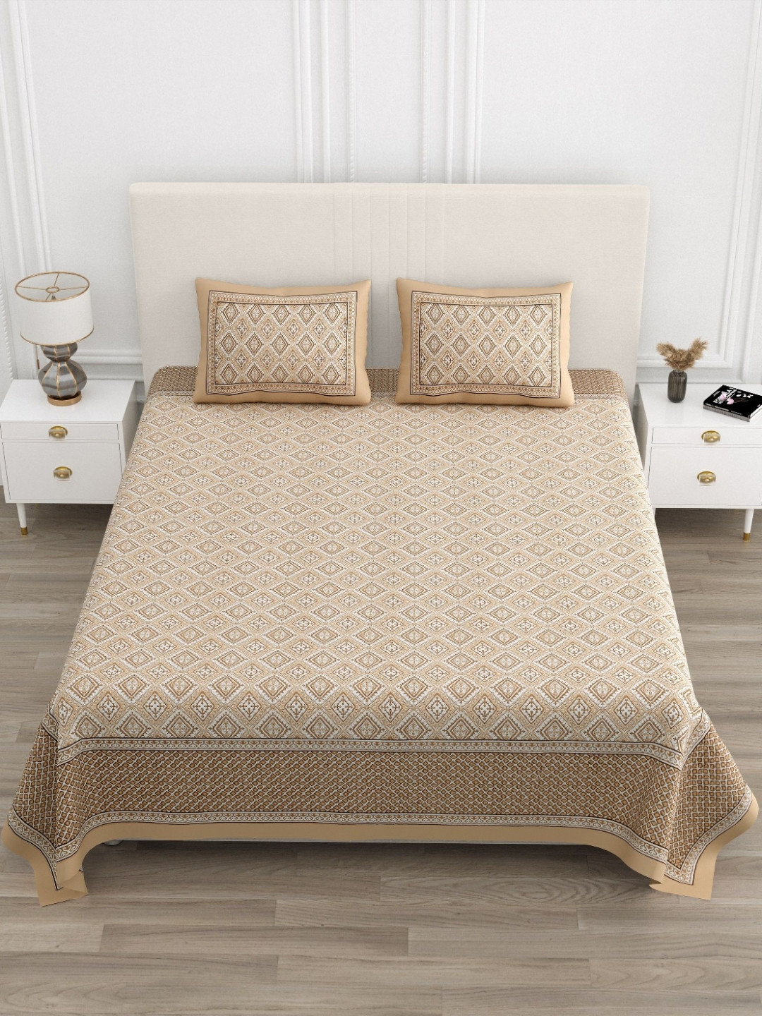 TrueYarns White Ethnic Motifs Cotton 210 TC King Fine Bedsheet with 2 Pillow Covers-228 x 274 cm