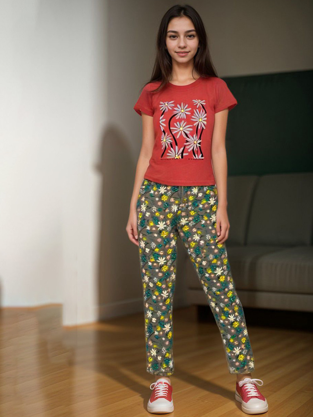 Uttam Girls Printed Round Neck Top With Trouser Clothing Set