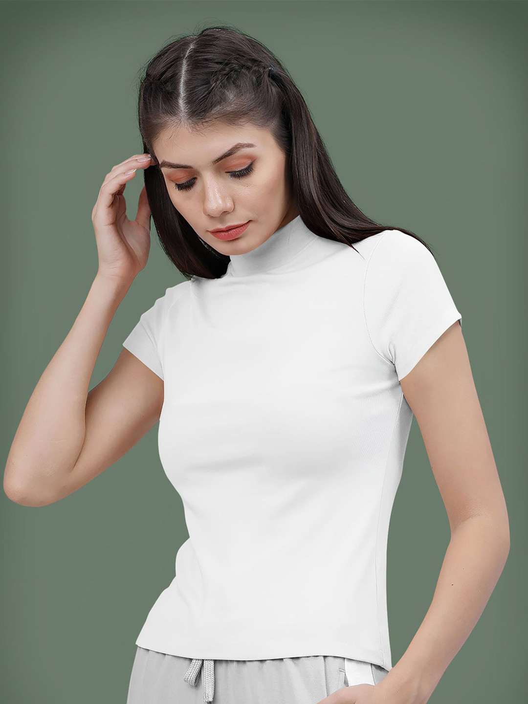 Dream Beauty Fashion Women Solid Short Sleeves Mock Neck Regular Top