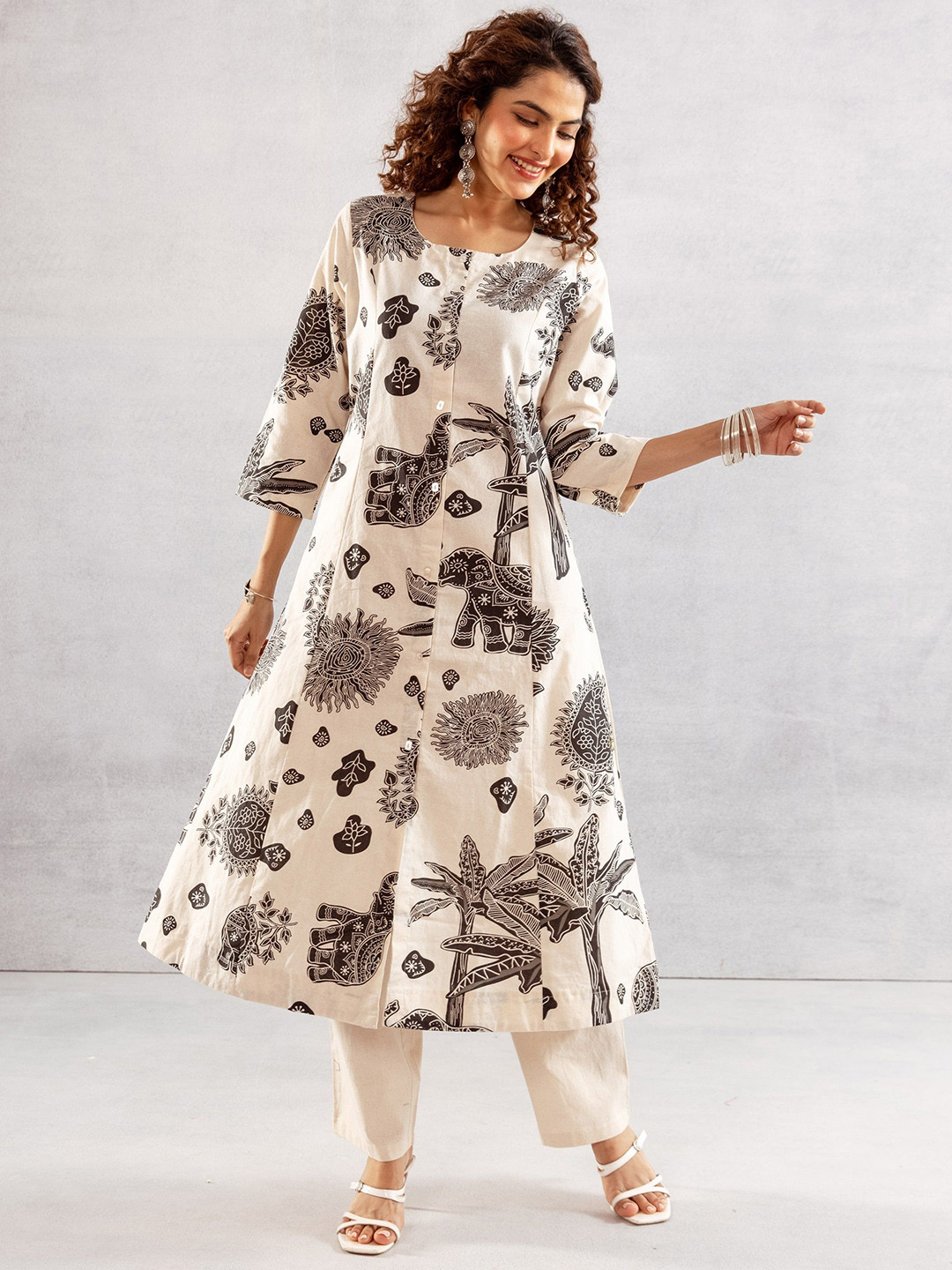 Nehamta Floral Printed Panelled Beads & Stones Pure Cotton A-Line Kurta With Trousers