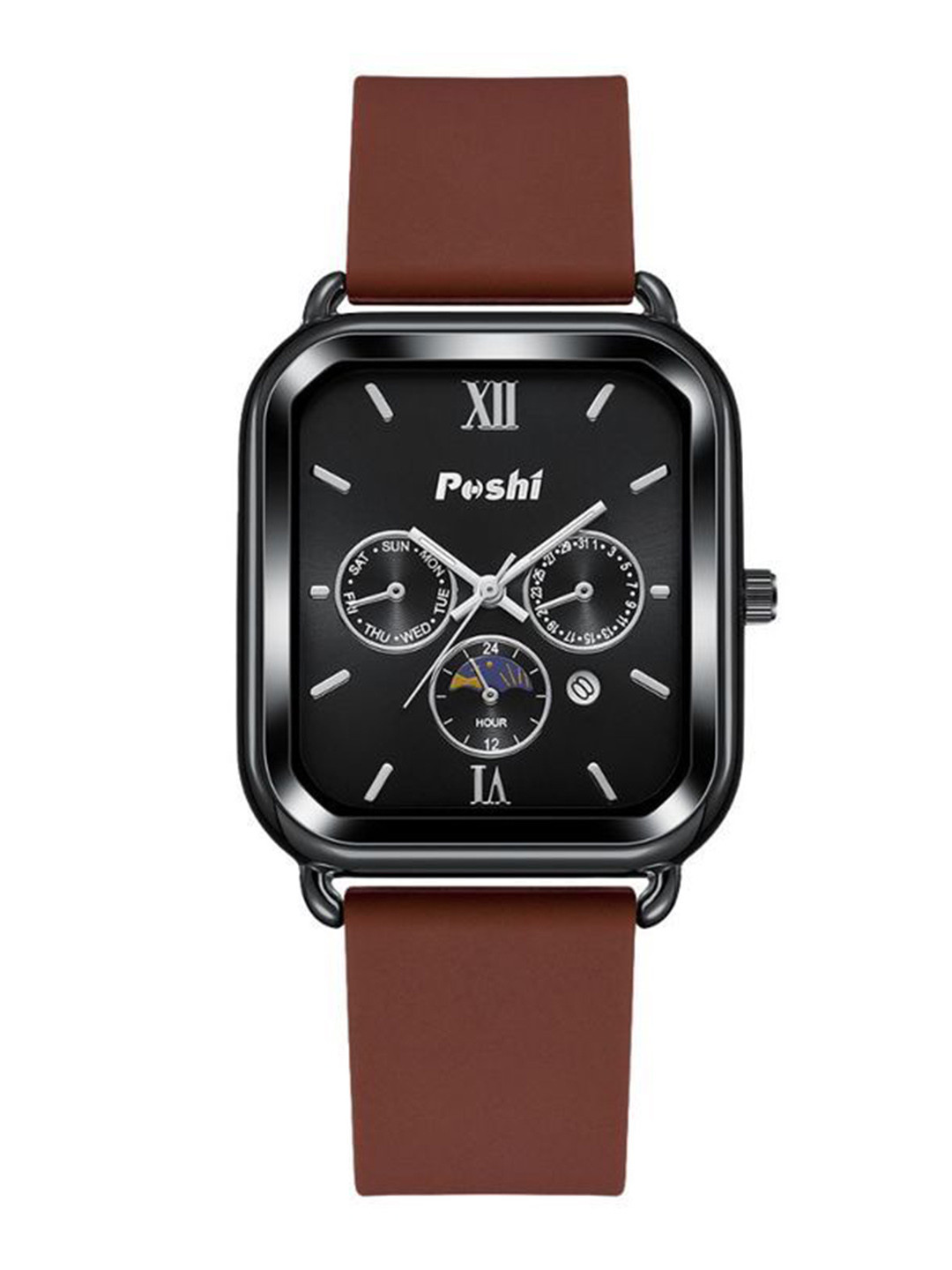 Poshi Men Square Dial Silicone Strap Watch with Adjustable Clasp