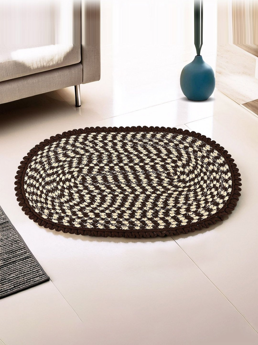 Aura Brown & Beige Spiral Designed Oval Durable Doormat