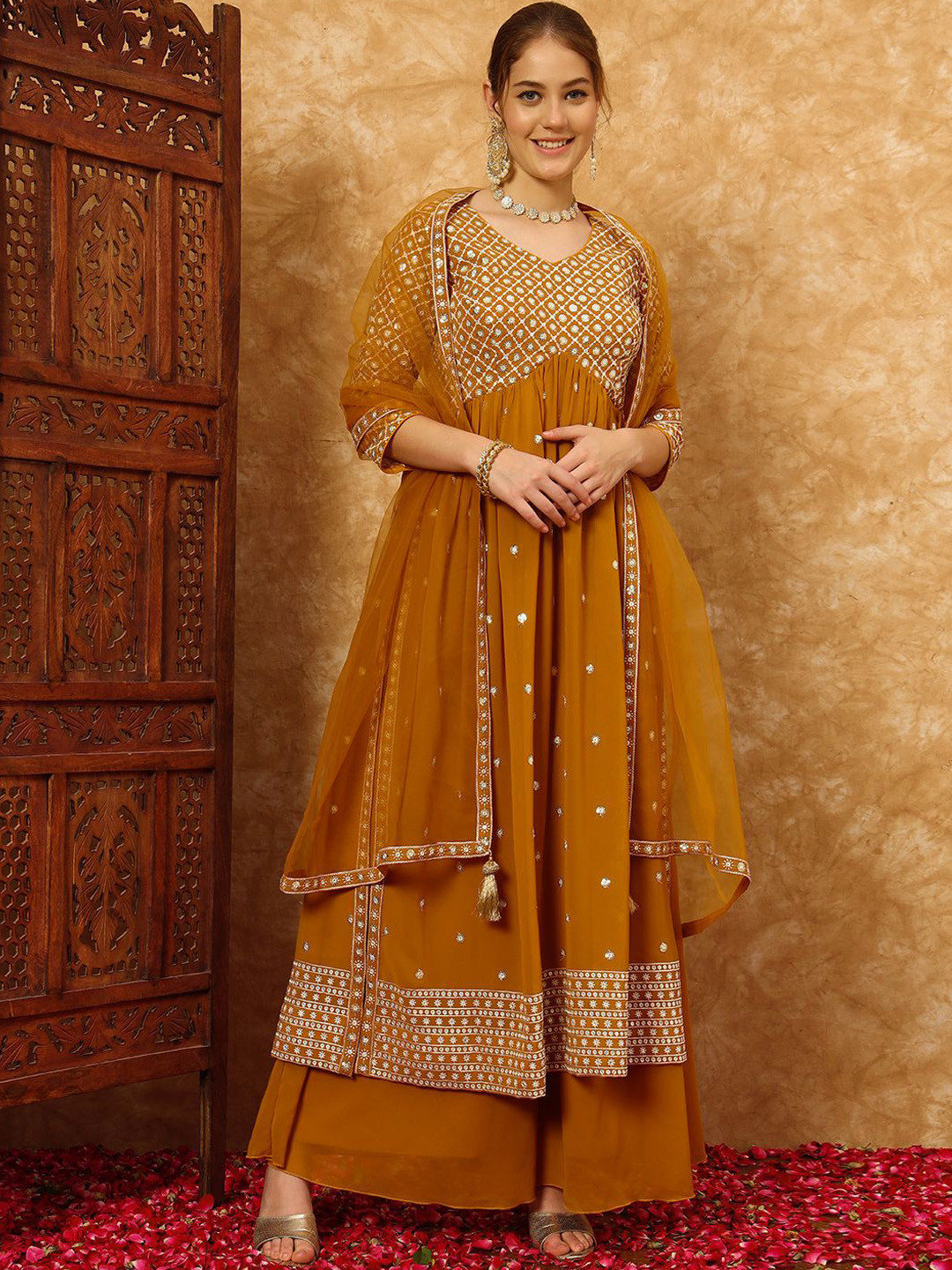 Shopping Queen Women Alia Cut Floral Embroidered Regular Sequinned Kurta with Palazzos & With Dupatta