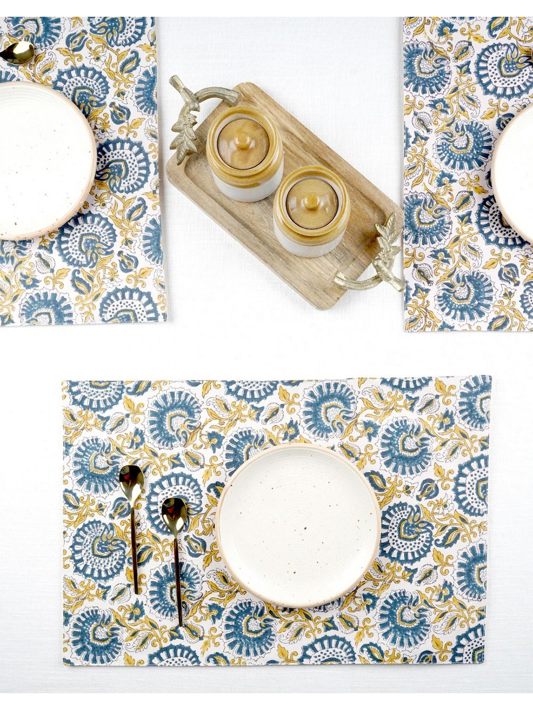 Ratan Cart Blue & Yellow 6 Pieces Floral Printed Cotton Rectangle Table Placemats