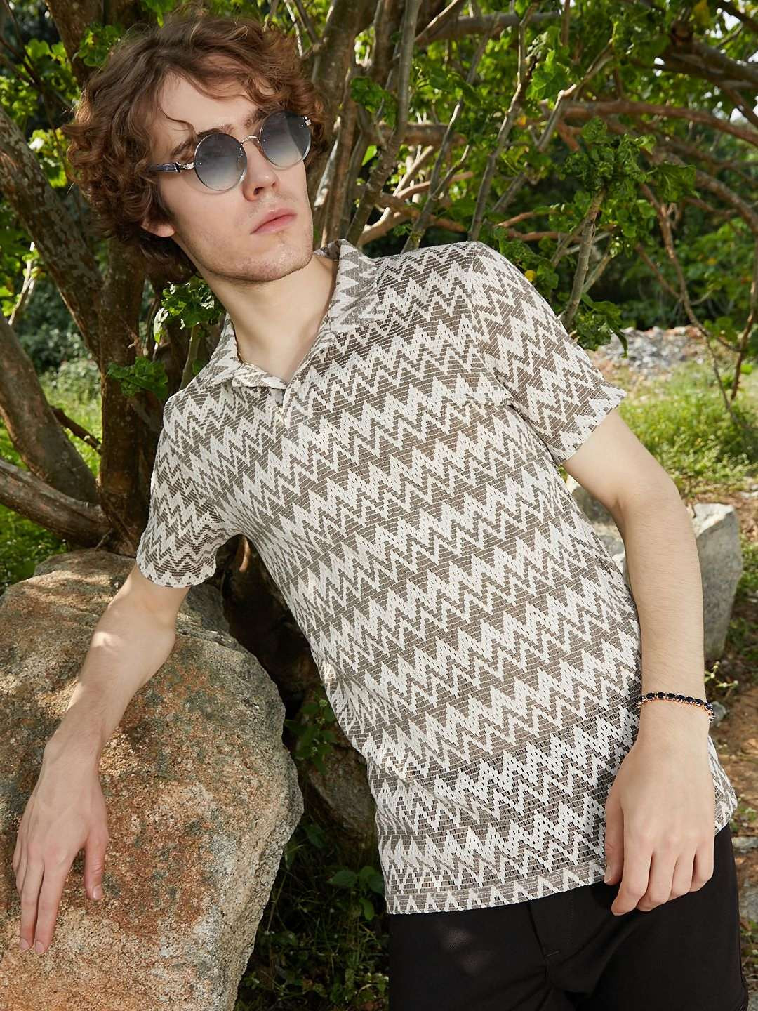 Campus Sutra Men Biker Striped Polo Collar Pockets T-shirt