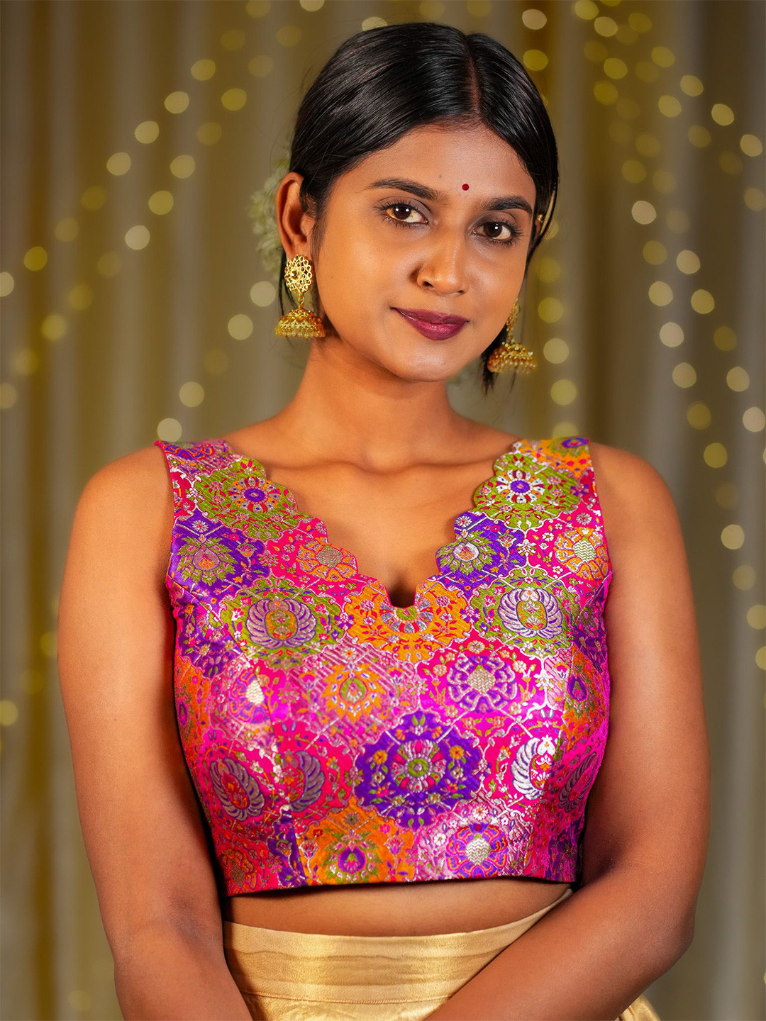 I LOVE SAREES Women Pink Multicolor Scallop V-neck Banarasi Blouse