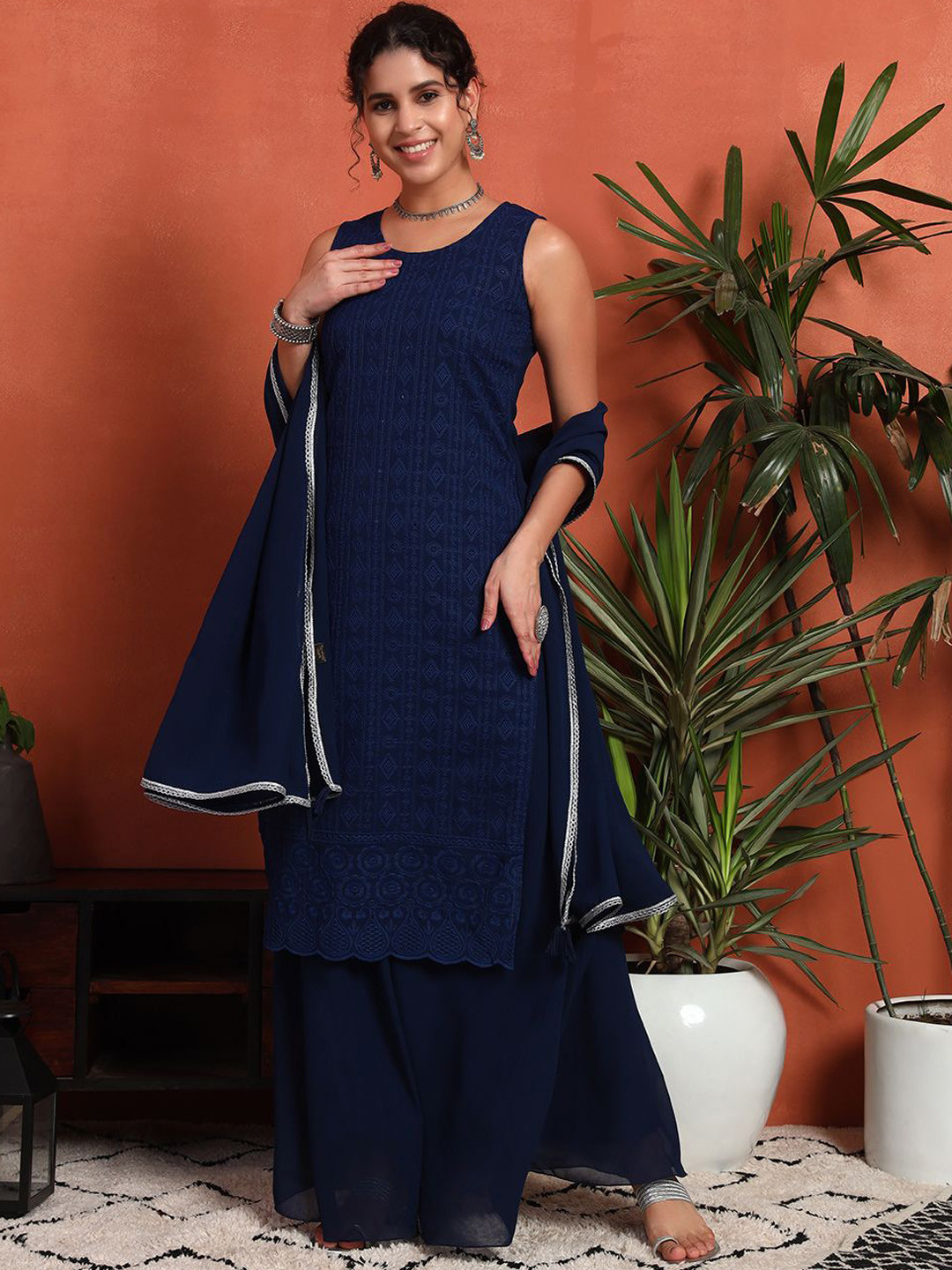 Shopping Queen Women Embroidered Regular Sequinned Kurta with Palazzos & With Dupatta