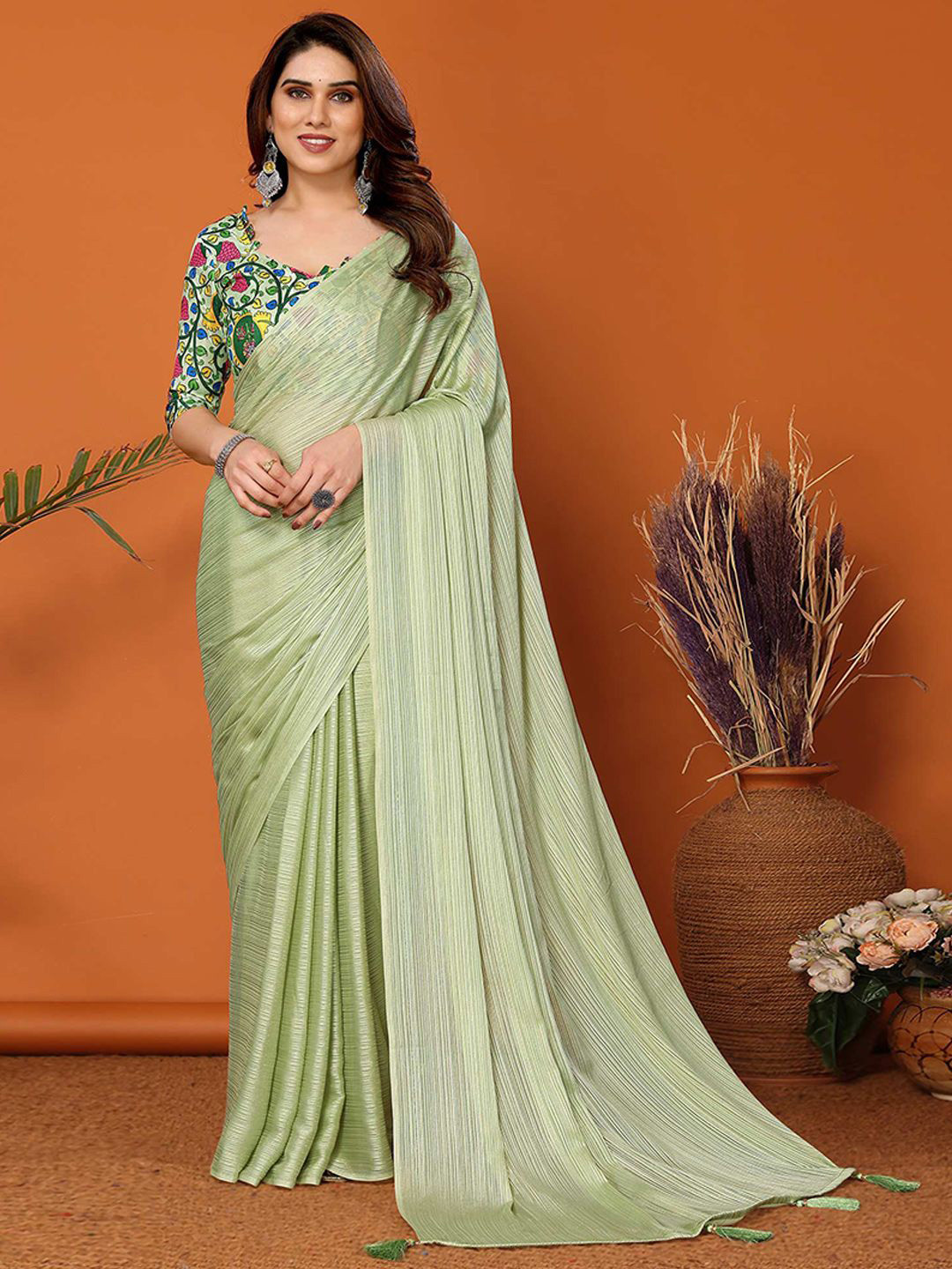 Peachmode Green Satin Saree