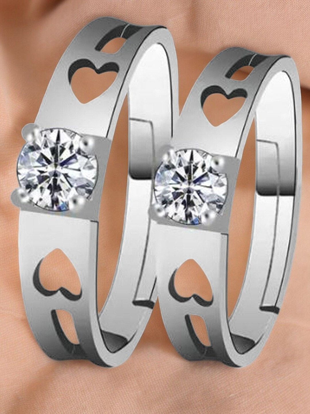 M Men Style Set Of 2 Silver-Plated Stone-Studded Adjustable Couple Finger Ring