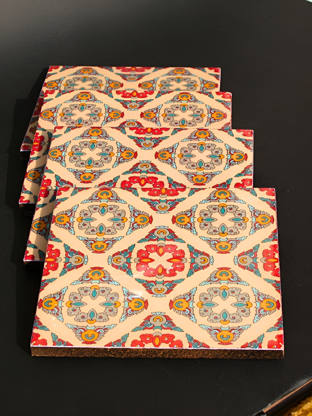Ekaura 4 Pieces Beige & Red Diya-E-Mehfil Printed Wooden Coasters