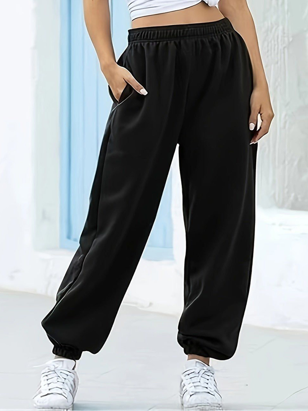 Outzidr Black Basic Solid Elasticated Joggers