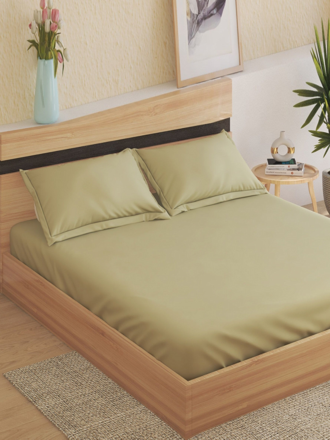 Home Centre Sienna Green Cotton 144 TC Fitted King Bedsheet with 2 Pillow Covers-108 x 108 inches