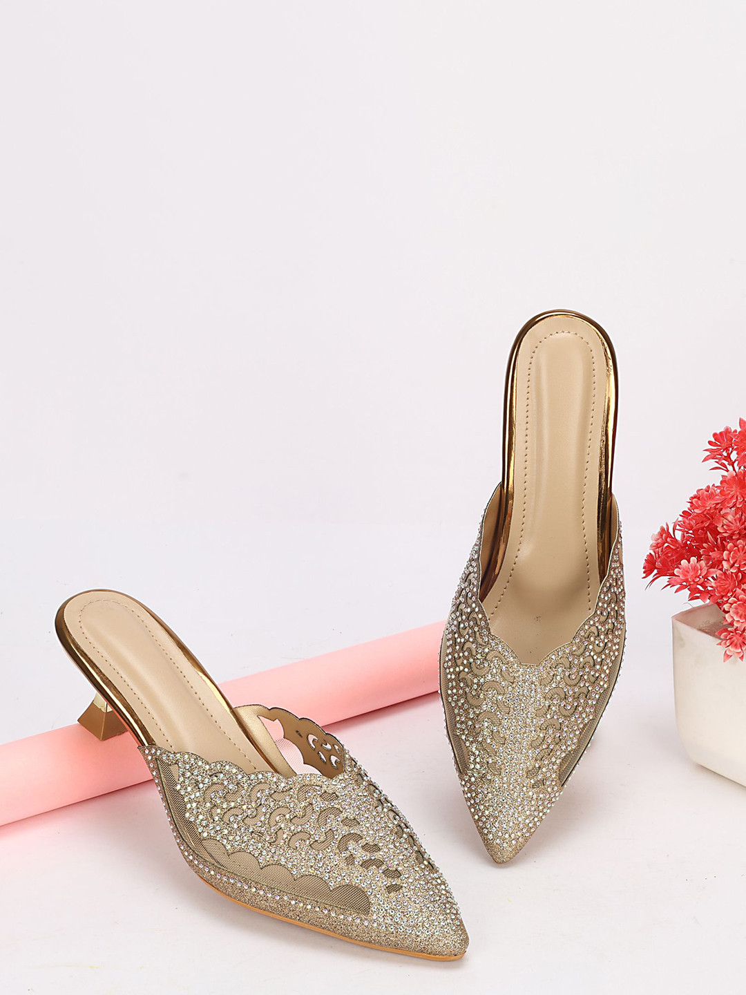 Commander Shoes Embellished PU Party Stiletto Mules with Laser Cuts