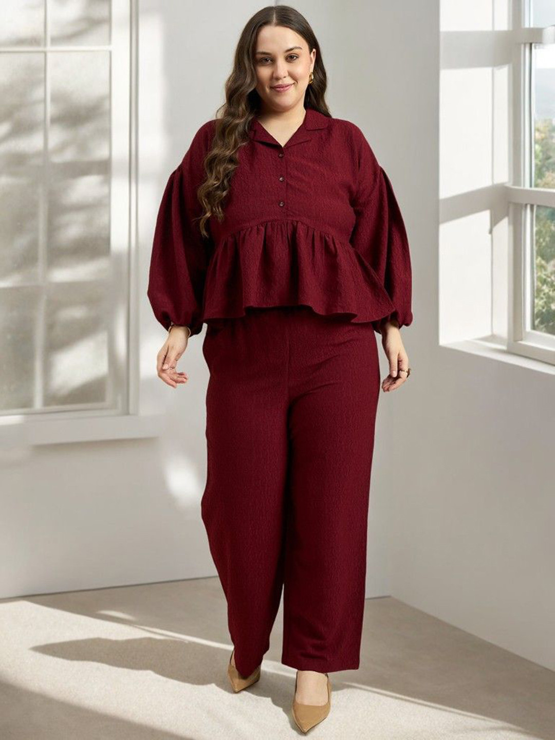 DressBerry Curve Plus Size Shirt Collar Tunic With Trouser