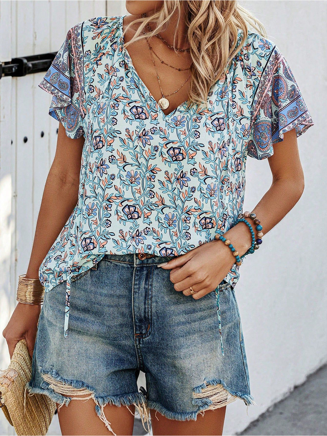 Outzidr Blue All Over Print Blouse