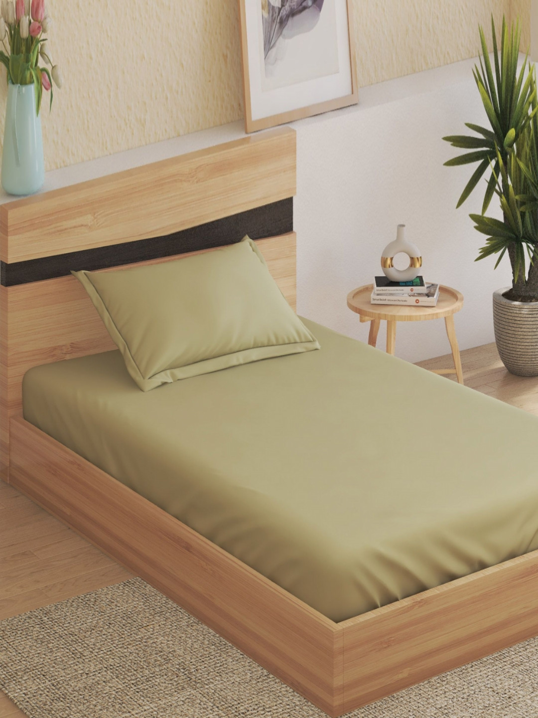 Home Centre Sienna Green Cotton 144 TC Single Bedsheet with 1 Pillow Cover-2.54m x 1.52m