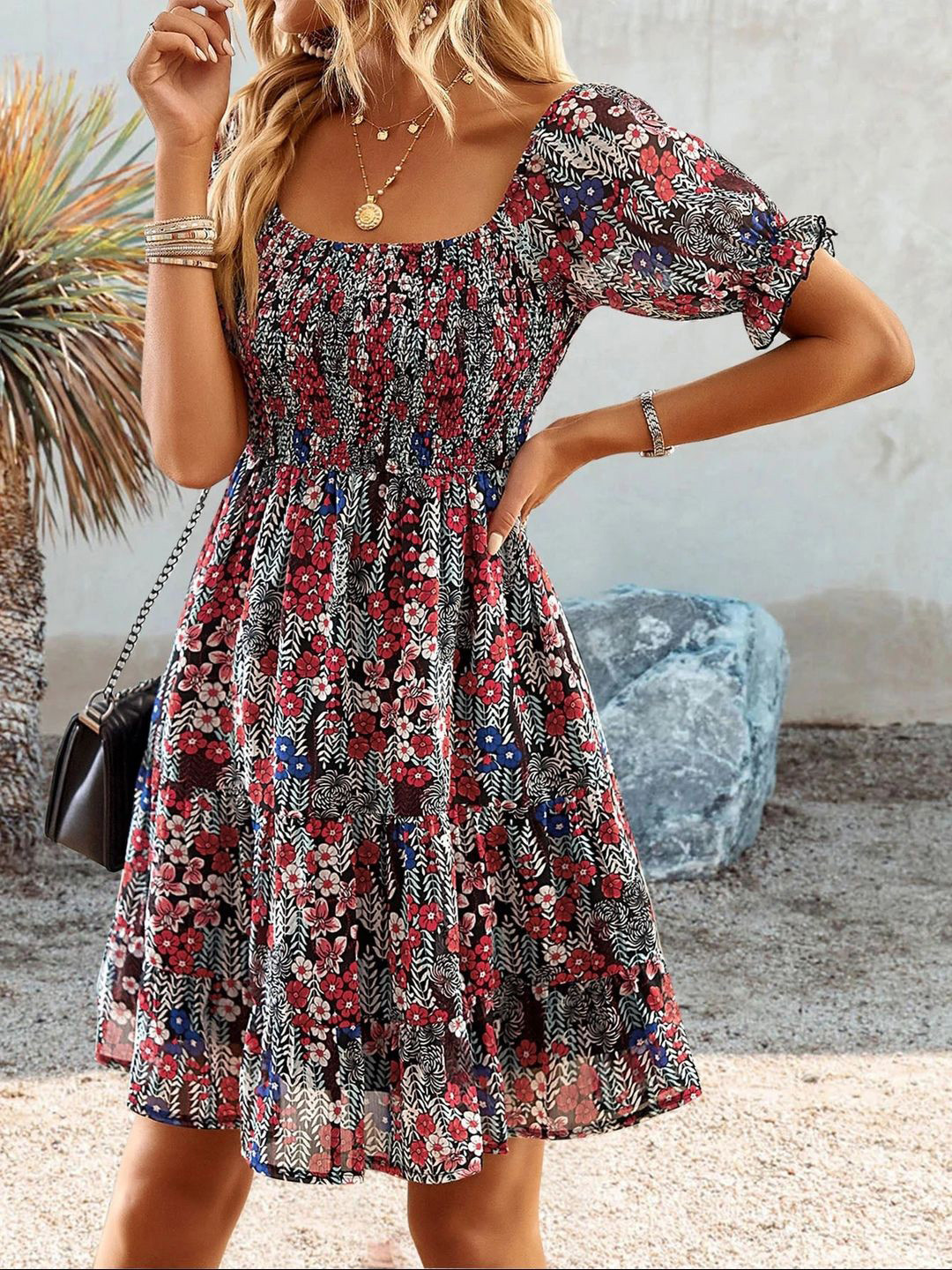 FERY LONDON Women Floral Print Puff Sleeve Georgette Fit & Flare Dress