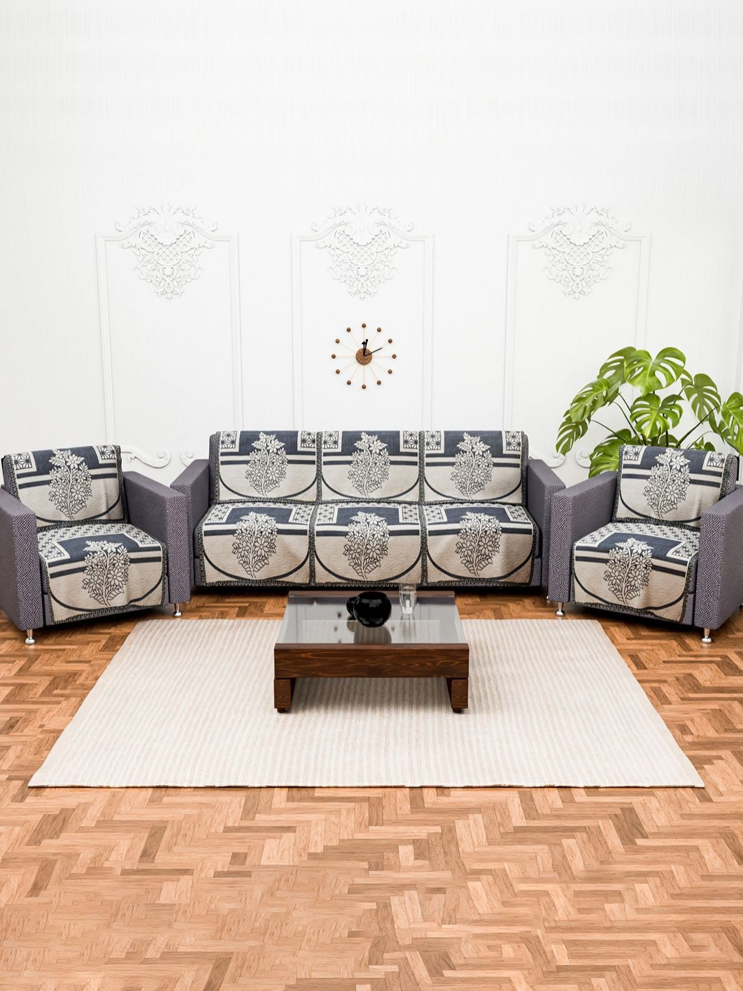 Aura Cream & Grey 10 Pcs Printed 5 Seater Sofa Durable Slipcover Sofa Protector