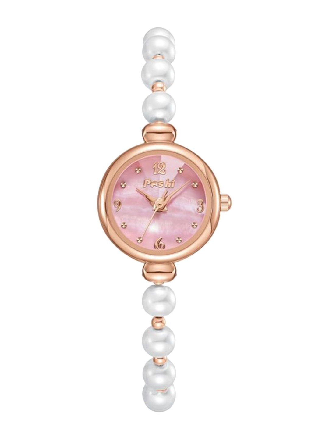 Poshi Women Round Dial Pearl Strap Watch with Adjustable Clasp