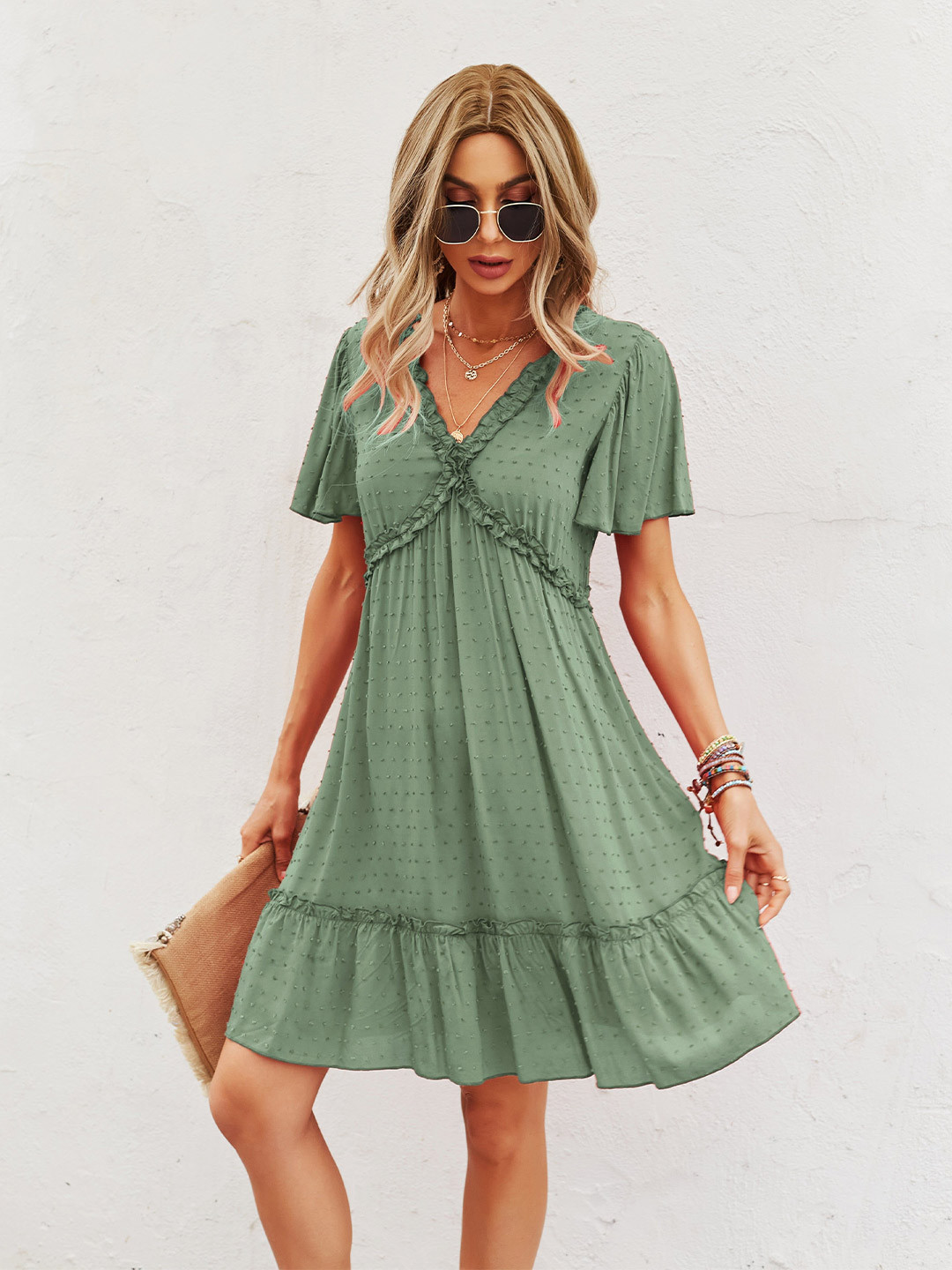 Outzidr Women Solid Knee Length Dress with Ruffle Detail